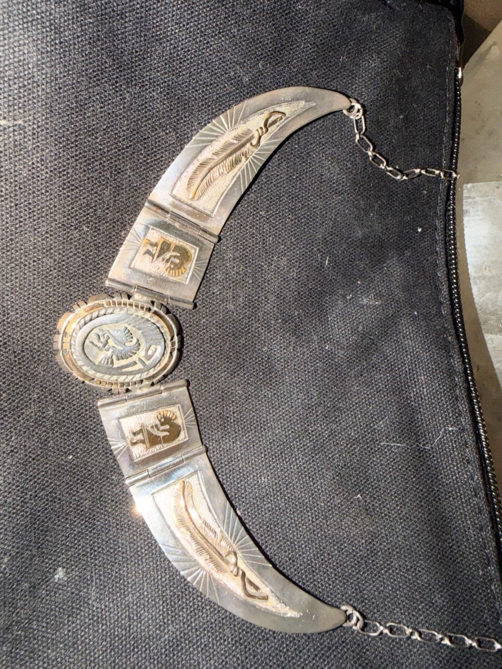 Silver bib Navajo necklace with 14k gold inlay artist “CS” Cecil Sanders